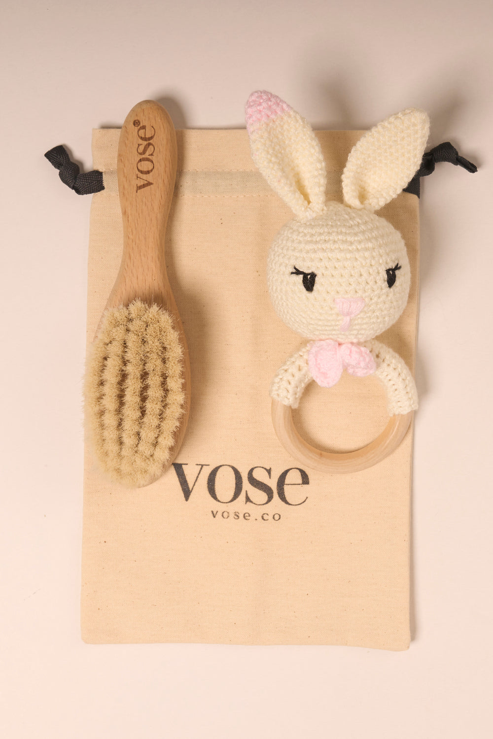Vose - 100% Goat Hair Baby Brush and Handmade Teether Set - RABBIT