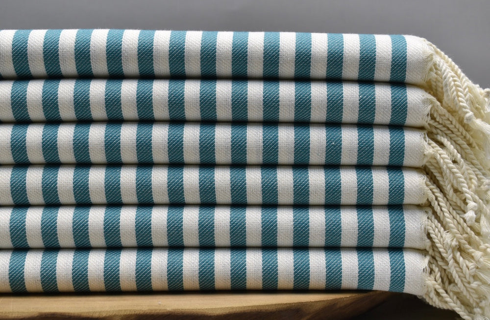 Blue and white striped 100% organic cotton Turkish Towel