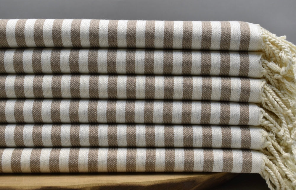 Brown and white striped 100% organic cotton Turkish Towel