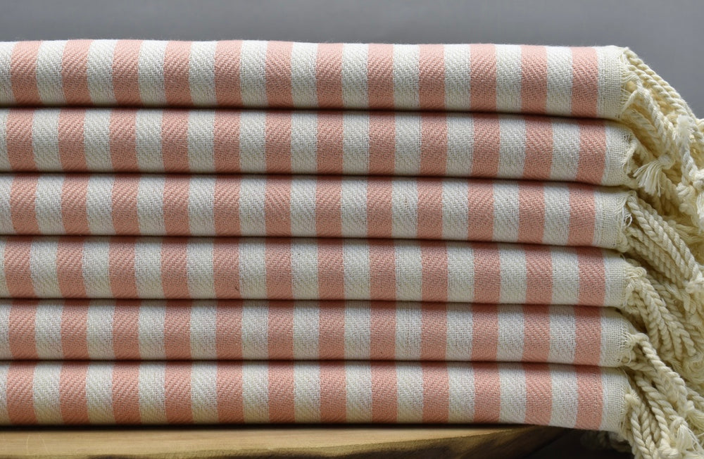Peach and white striped 100% organic cotton Turkish Towel