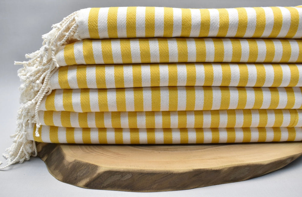 Yellow and white striped 100% organic cotton Turkish Towel