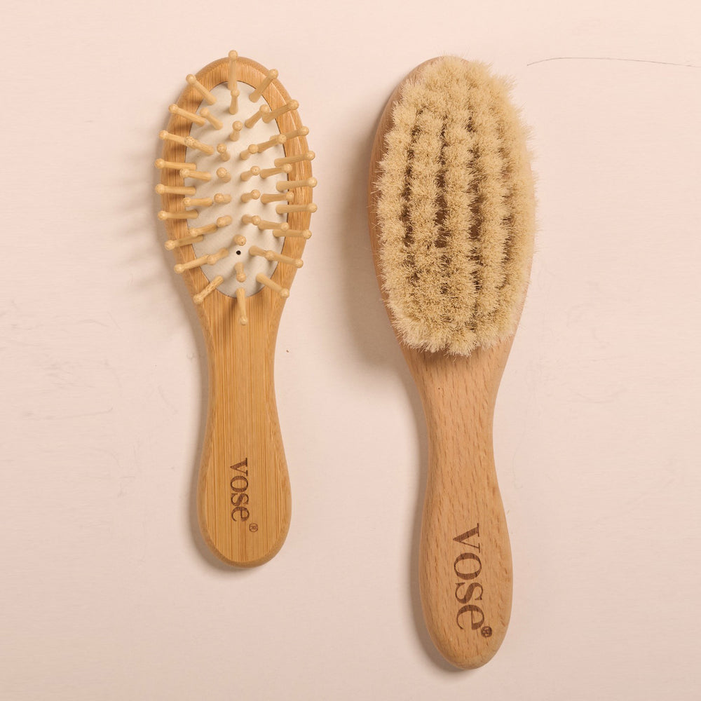 Natural and organic goat hair baby hair brush set on display