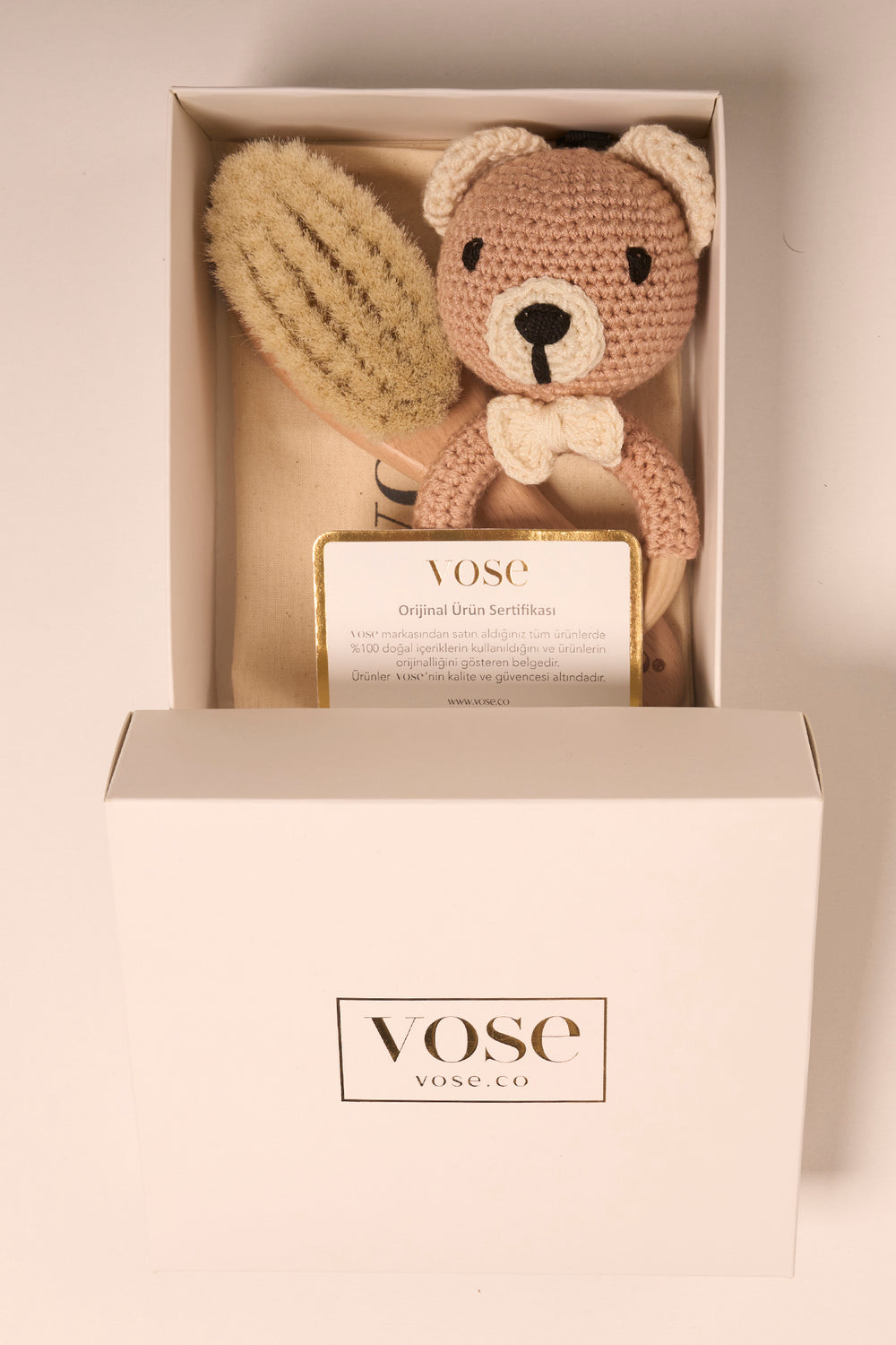 Vose - 100% Goat Hair Baby Brush and Handmade Teether Set - BEAR