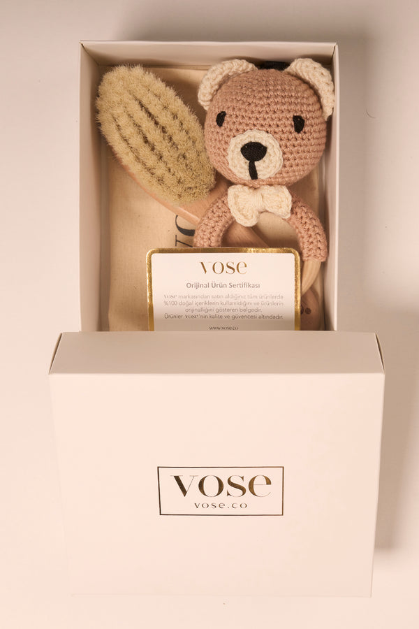 Vose - 100% Goat Hair Baby Brush and Handmade Teether Set - BEAR