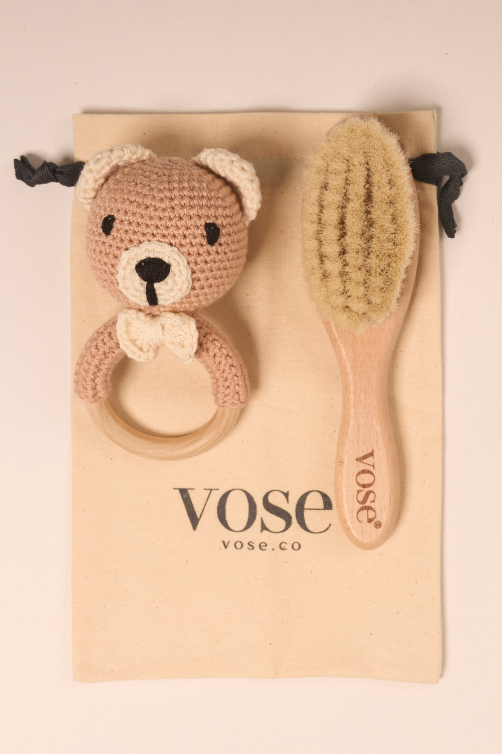Vose - 100% Goat Hair Baby Brush and Handmade Teether Set - BEAR