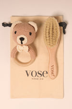 Vose - 100% Goat Hair Baby Brush and Handmade Teether Set - BEAR