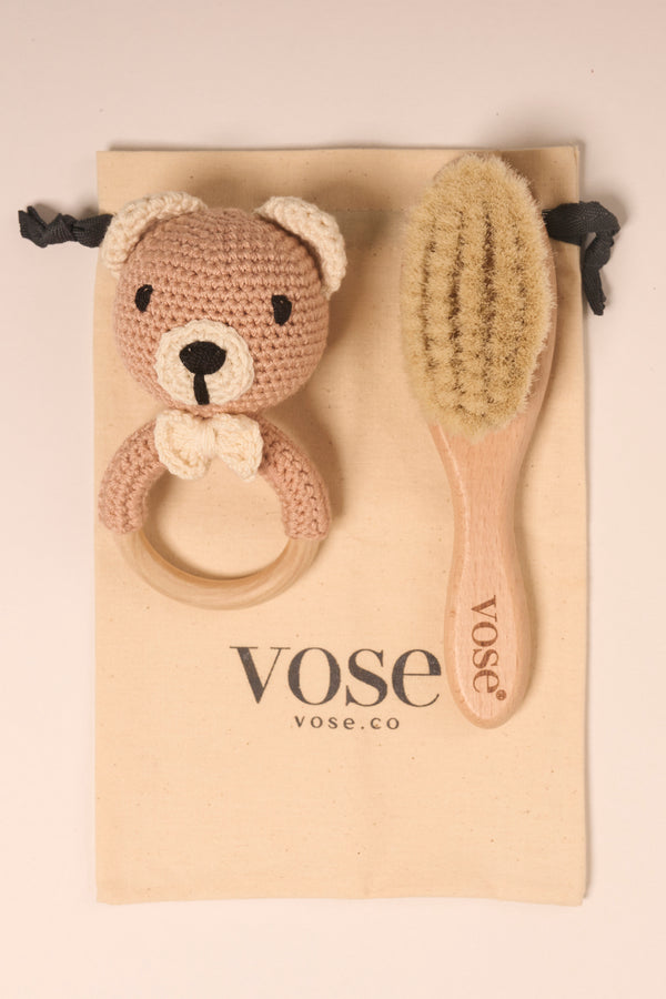 Vose - 100% Goat Hair Baby Brush and Handmade Teether Set - BEAR