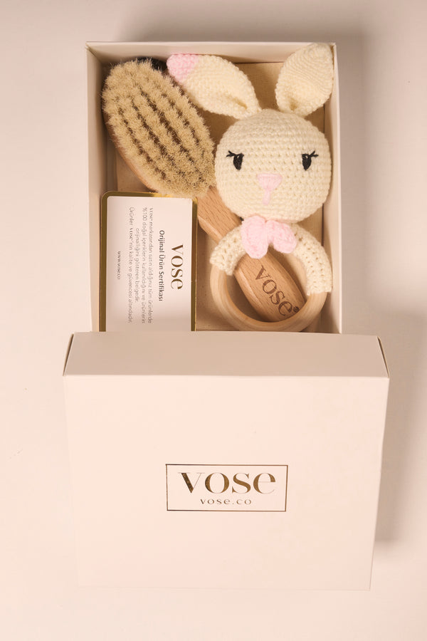 Vose - 100% Goat Hair Baby Brush and Handmade Teether Set - RABBIT