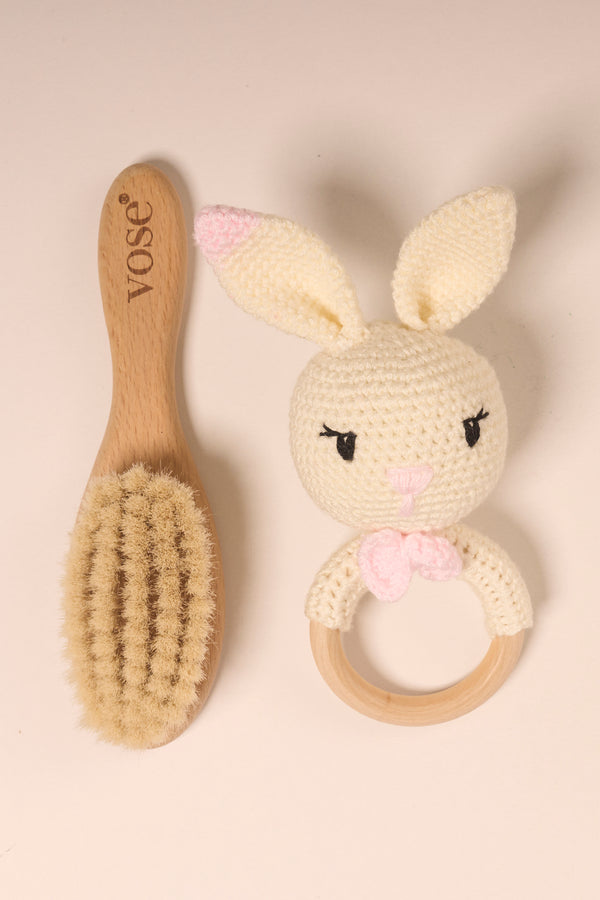 Vose - 100% Goat Hair Baby Brush and Handmade Teether Set - RABBIT