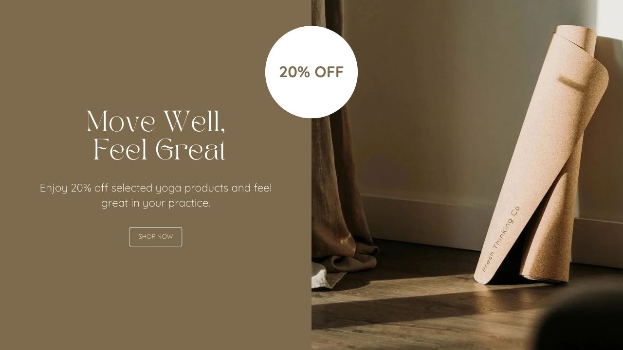 Yoga mat with promotional text on a brown background