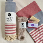 Spa Ritual Set – Turkish Towel, Handwoven Exfoliating Shower Mitt & Peace Soap Bar