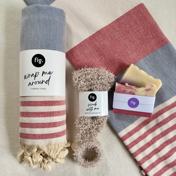 Spa Ritual Set – Turkish Towel, Handwoven Exfoliating Shower Mitt & Peace Soap Bar