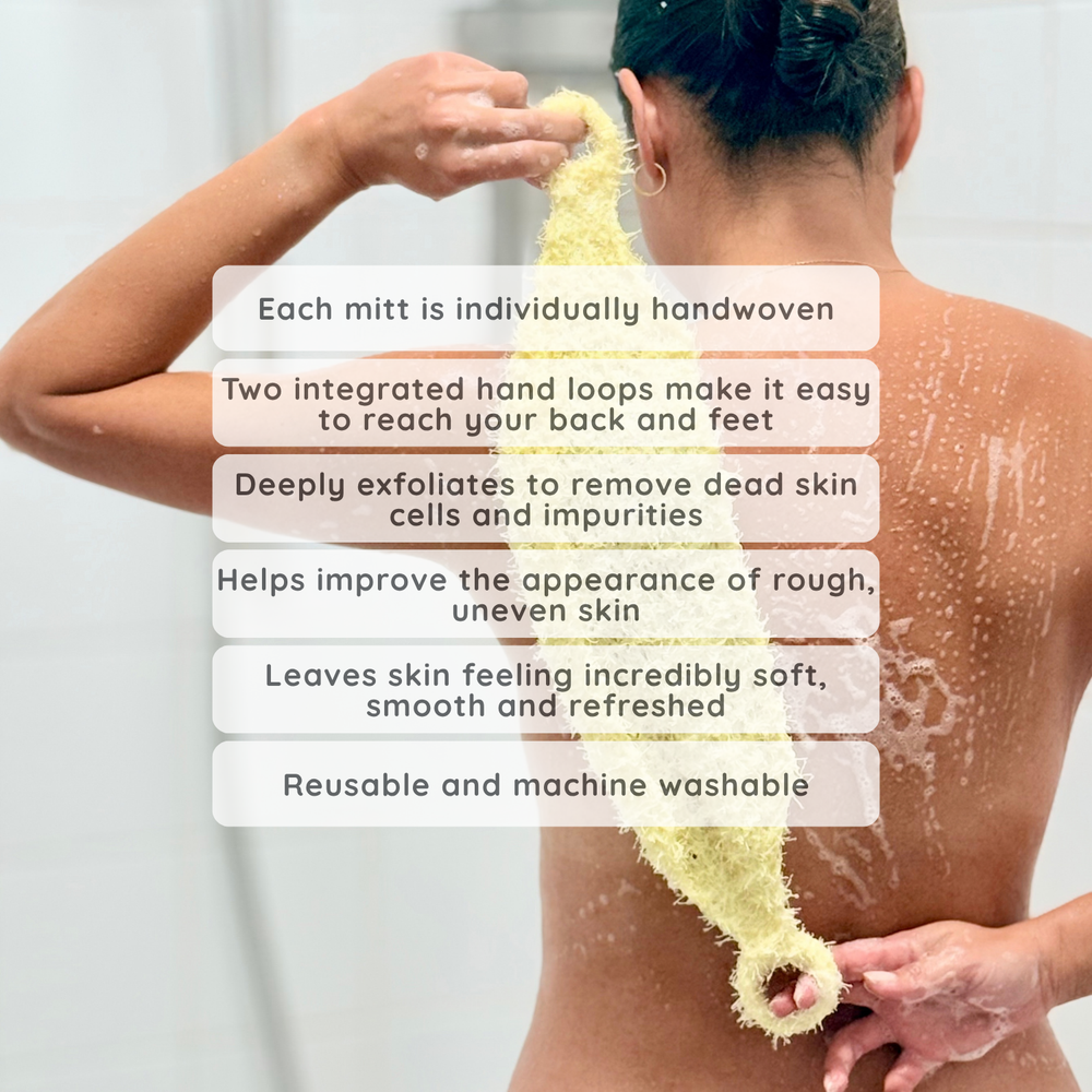 A woman shown from behind in a shower wearing and demonstrating a yellow exfoliating mitt on her back, with white text overlays detailing product features and benefits.
