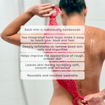A woman from behind in a shower washing a bright pink knitted mitt on her back, with white text overlays detailing the product's features.