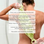 A woman shown from behind with soap lather on her back, wearing and demonstrating a green textured exfoliating mitt. White text overlays detail the product's features, including handwoven construction, integrated loops, deep exfoliation, and reusability.