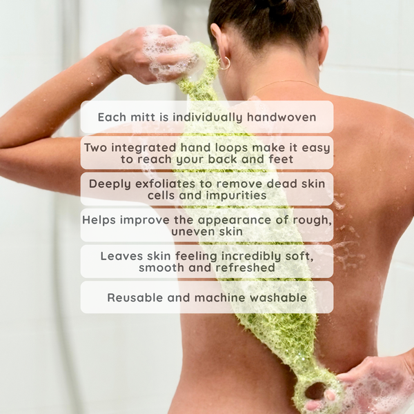 A woman shown from behind with soap lather on her back, wearing and demonstrating a green textured exfoliating mitt. White text overlays detail the product's features, including handwoven construction, integrated loops, deep exfoliation, and reusability.