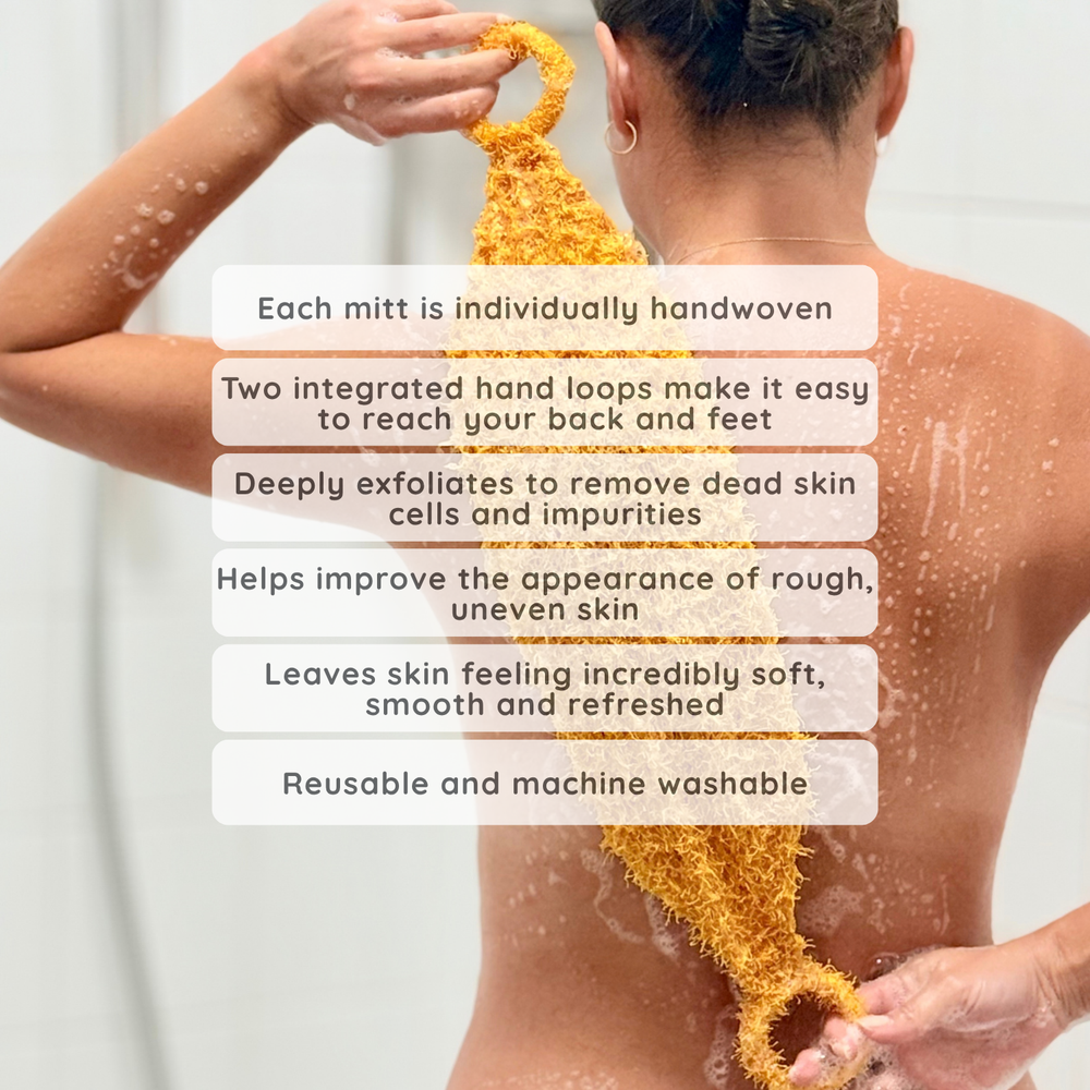 A person shown from the back in a shower, using a yellow scrubber mitt on their back and shoulders. White text overlays list product benefits, including handwoven construction, integrated hand loops, deep exfoliation, improved skin appearance, soft refreshed skin, and reusability.