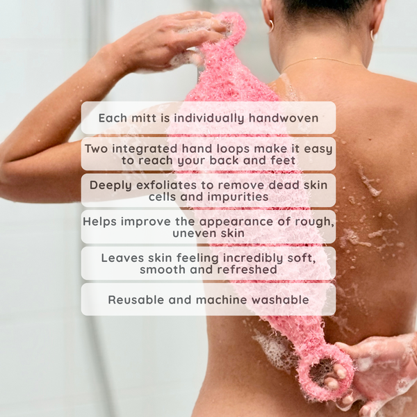 A person from behind using a pink scrubbing mitt on their back during a shower, with white text overlays detailing the product's features and benefits.